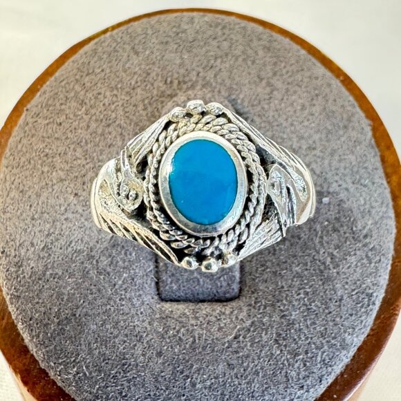 VTG Sterling Silver 925 Turquoise Bezel Set Swan Design Shoulders Ring Size 6 - Picture 1 of 10